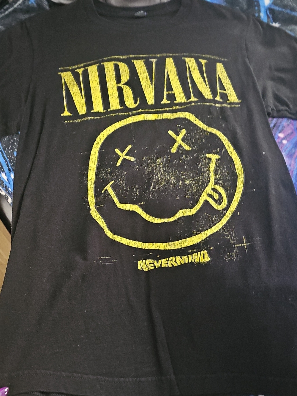 NIRVANA Black Womens Tee with Yellow Smiley Logo Sz Med